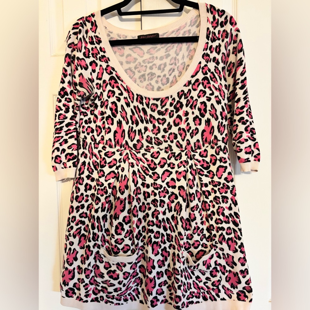 Rare Vintage Betsey Johnson hot pink leopard sweater mini dress